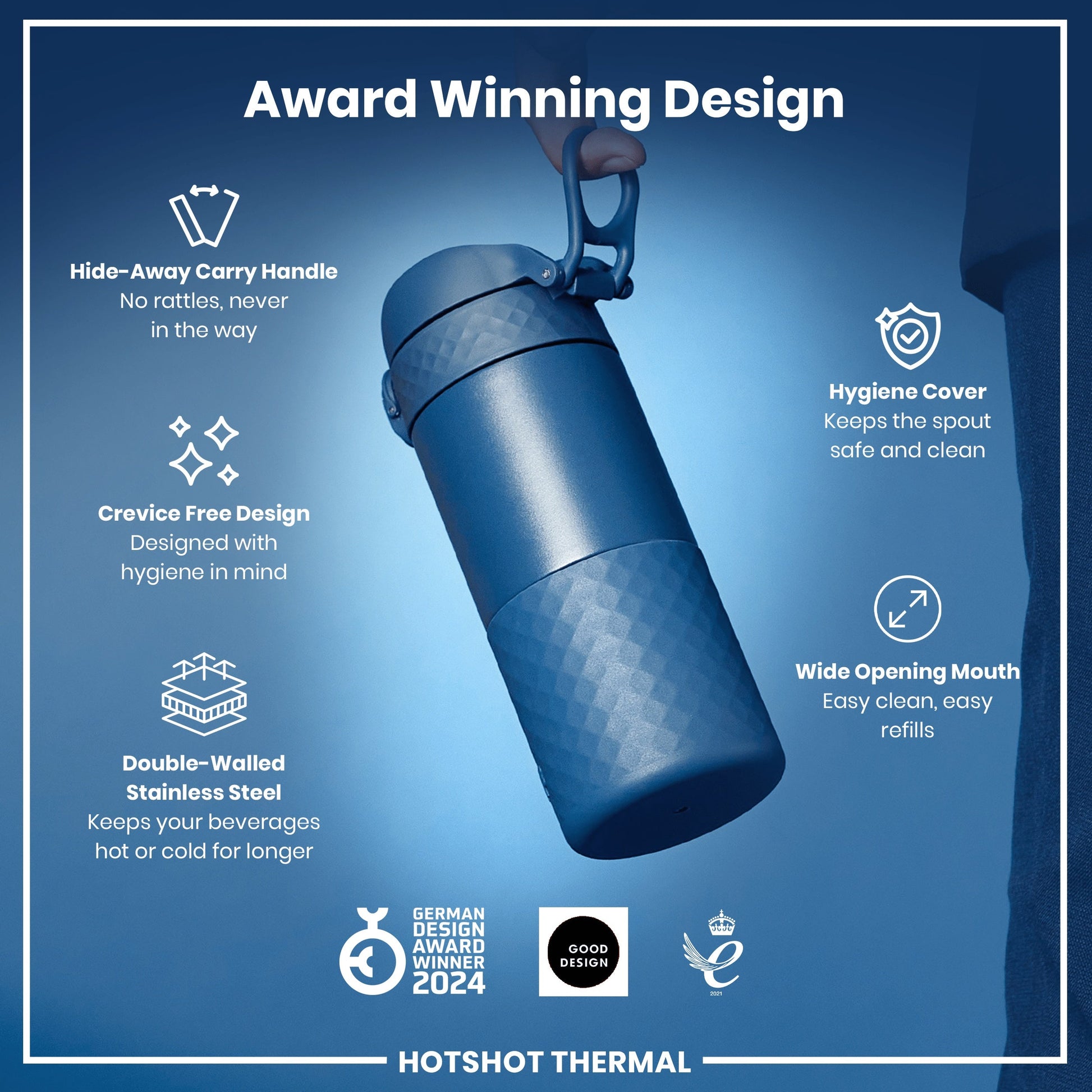 Blue thermal mug with features listed on a blue background