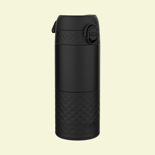 Black insulated mug with quilted pattern on a white background
