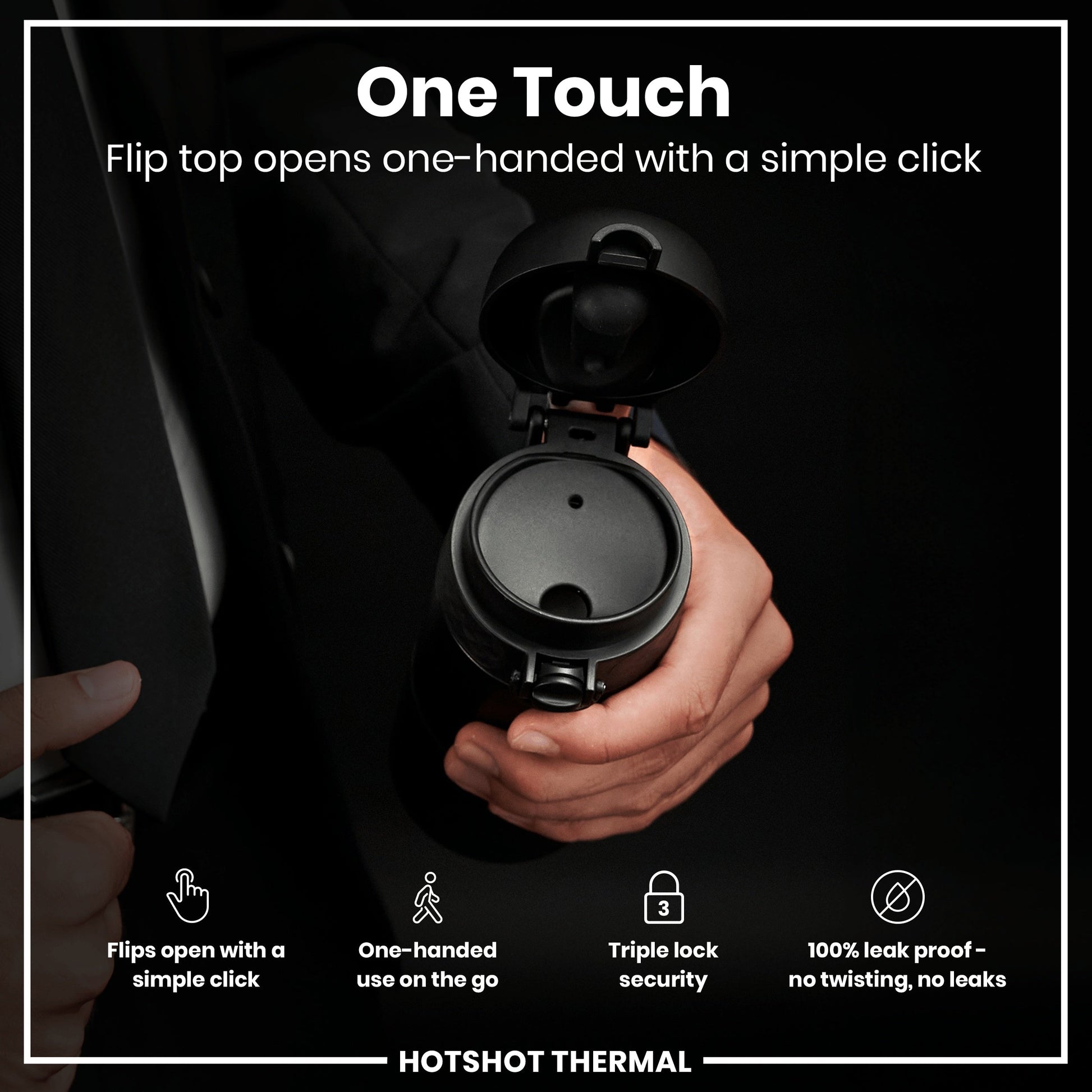 Person holding a black thermos with text highlighting features on a black background