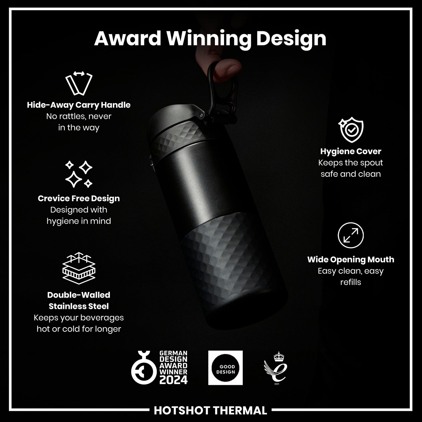 Hotshot Thermal product with features listed on a black background