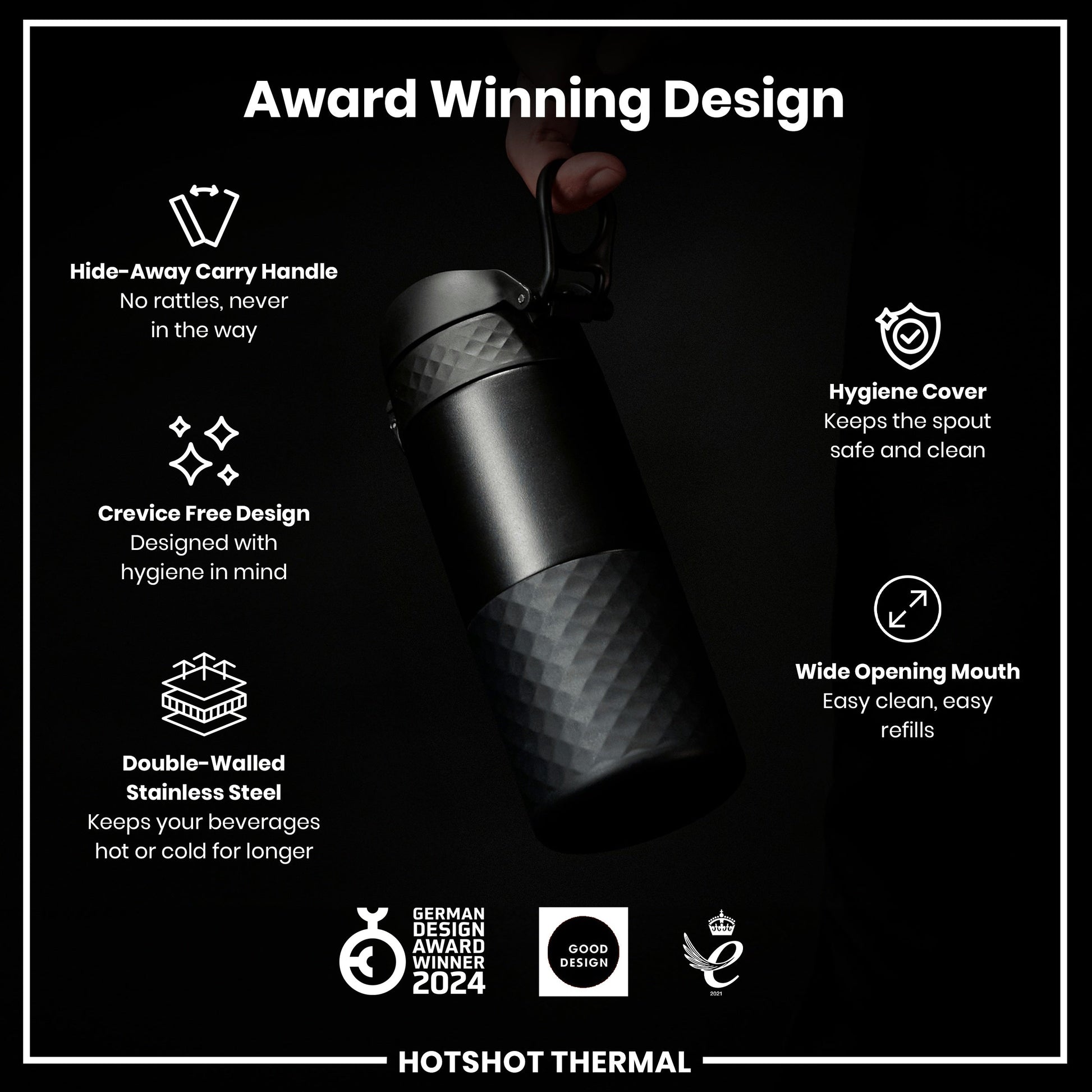 Hotshot Thermal product with features listed on a black background