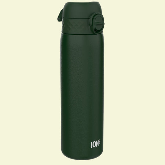 Green water bottle with a lid on a white background