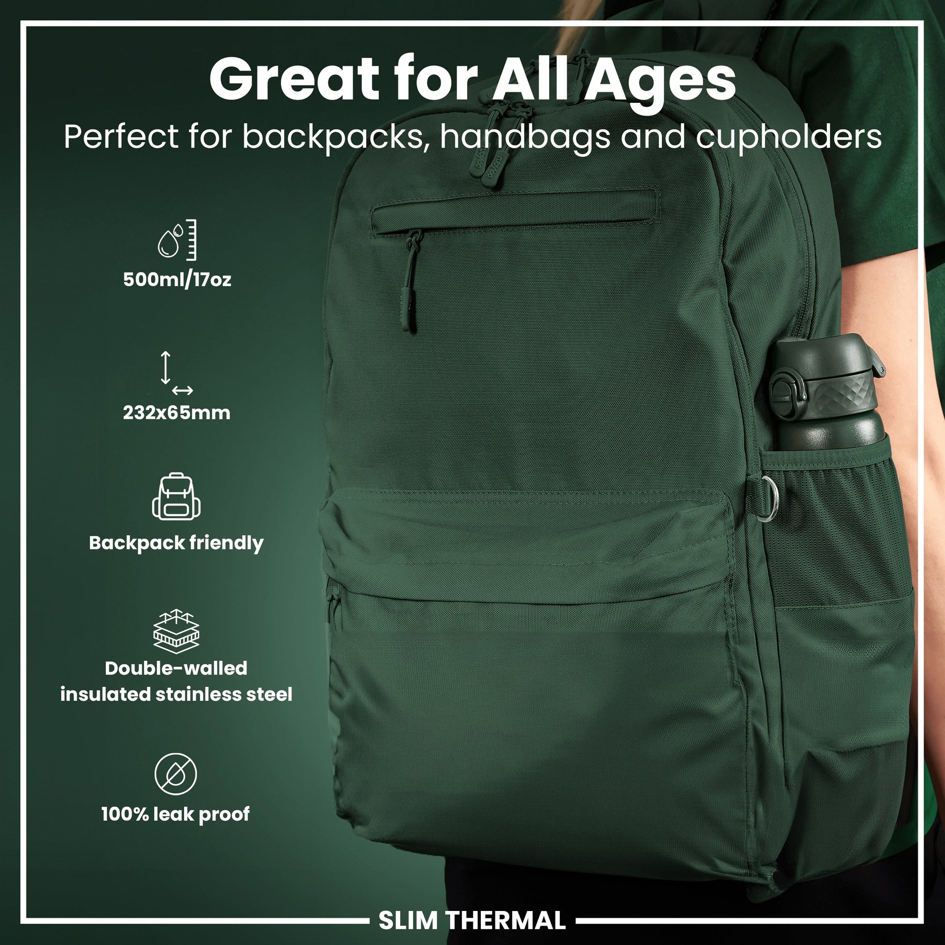 Green backpack with features listed on a green background
