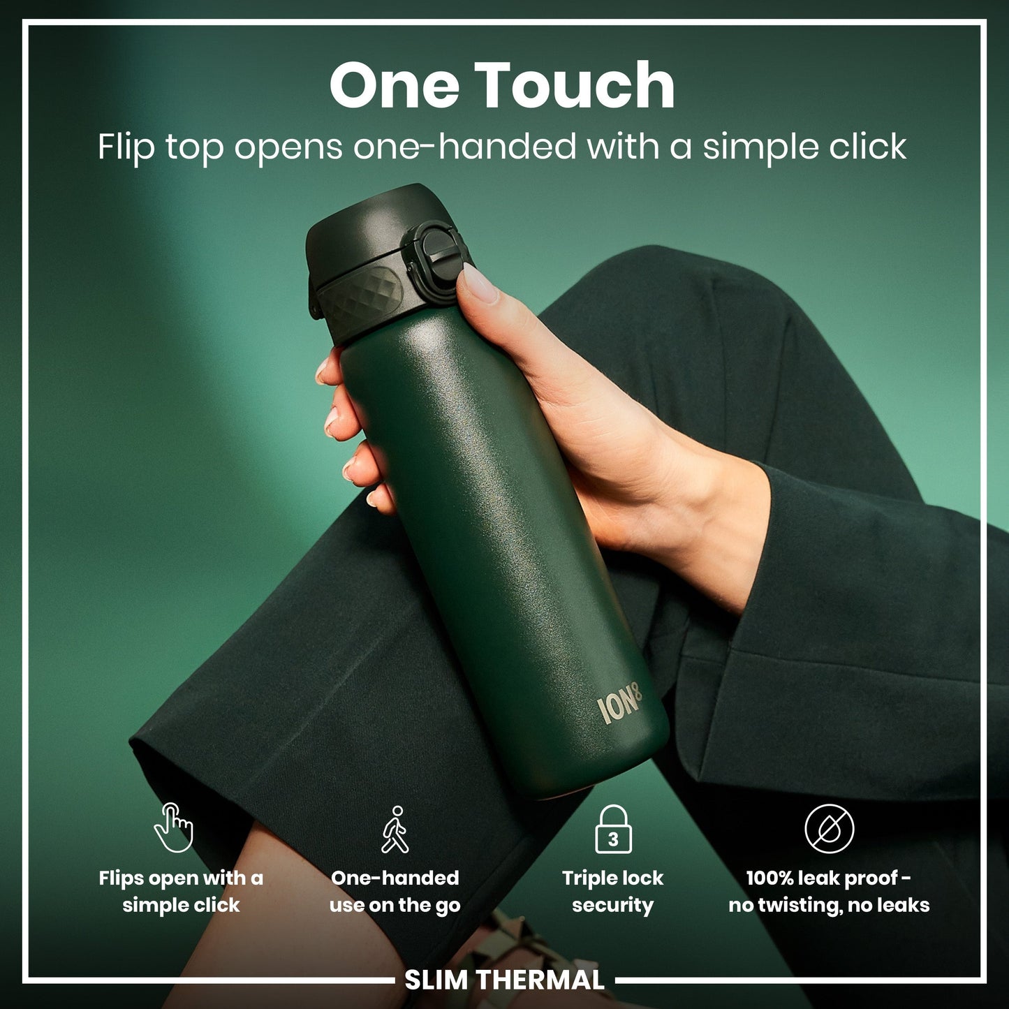 Green insulated bottle held by a person with text highlighting features on a green background
