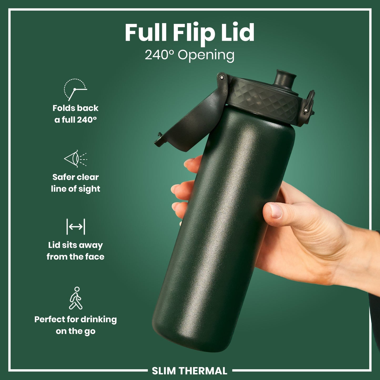Black water bottle with a full flip lid on a green background