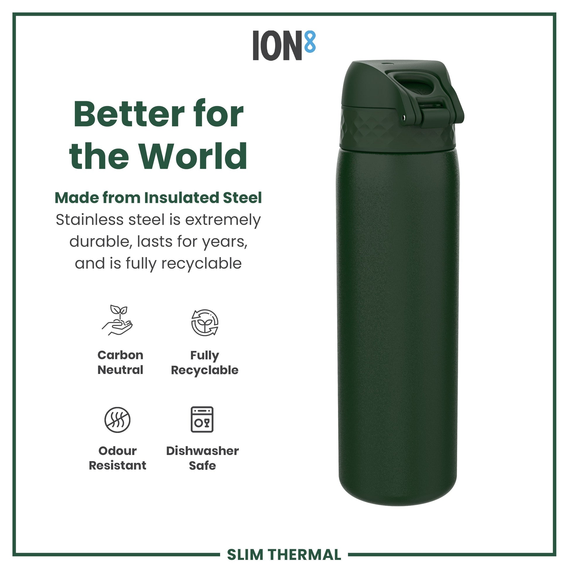 Green insulated steel water bottle with ION8 branding and sustainability features on a white background