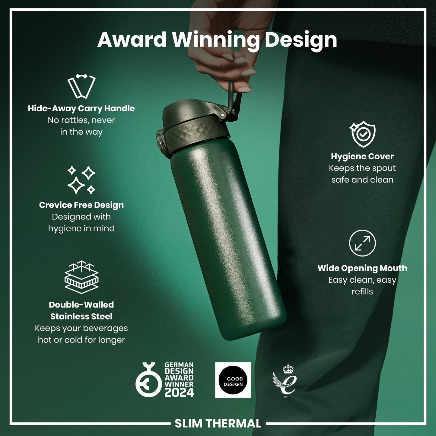 Green insulated water bottle with features listed on a green background
