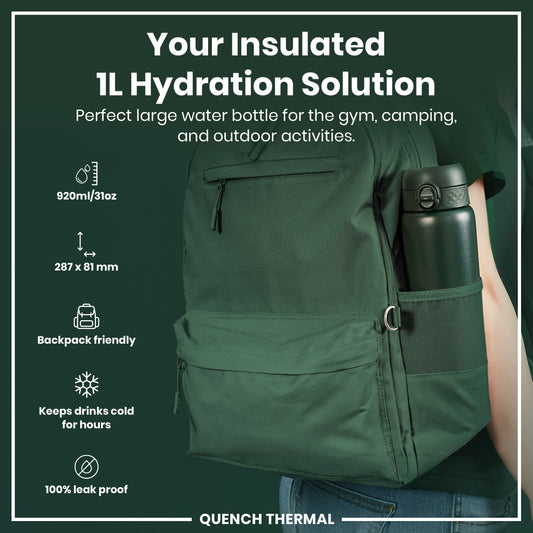 Green backpack with insulated hydration bottle on a green background