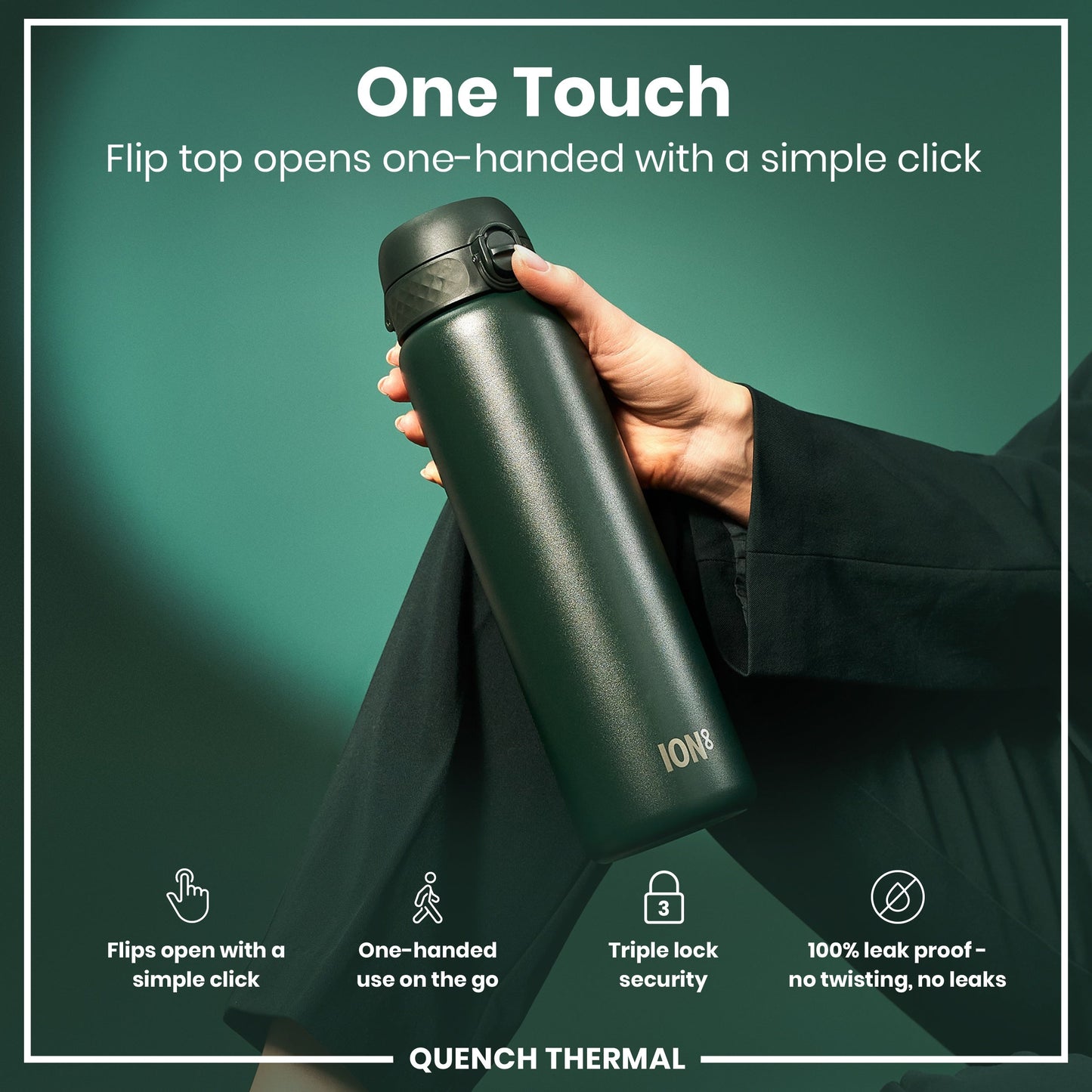 Person holding a green thermos with text highlighting features on a green background