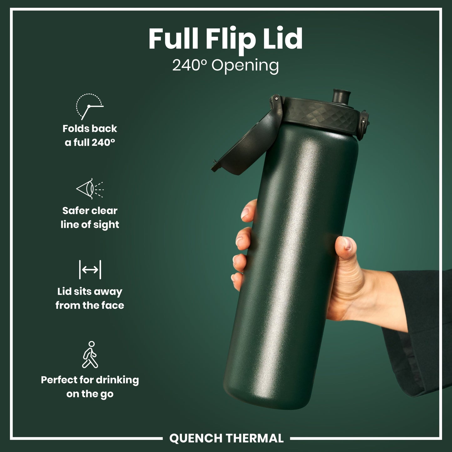Black water bottle with full flip lid held by a hand on a green background