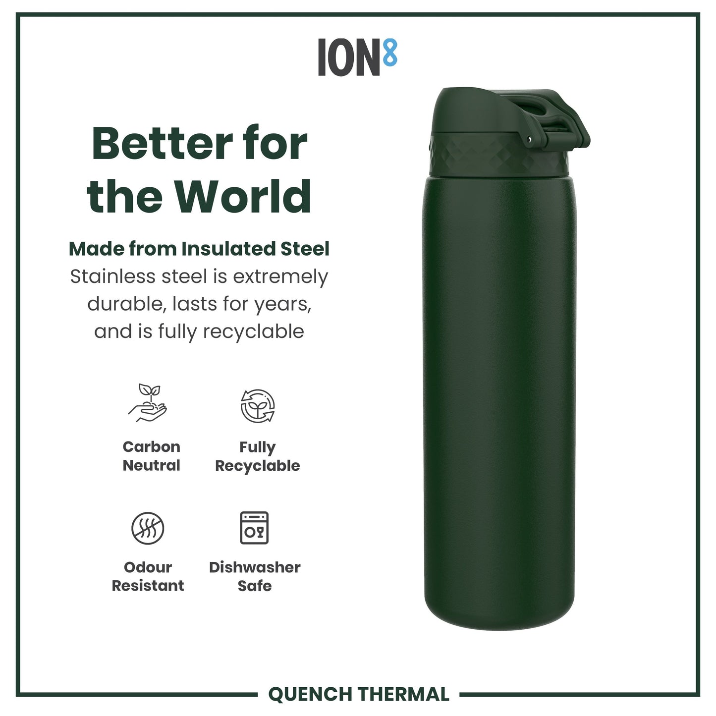 Green insulated steel water bottle with ION8 branding and sustainability features on a white background.