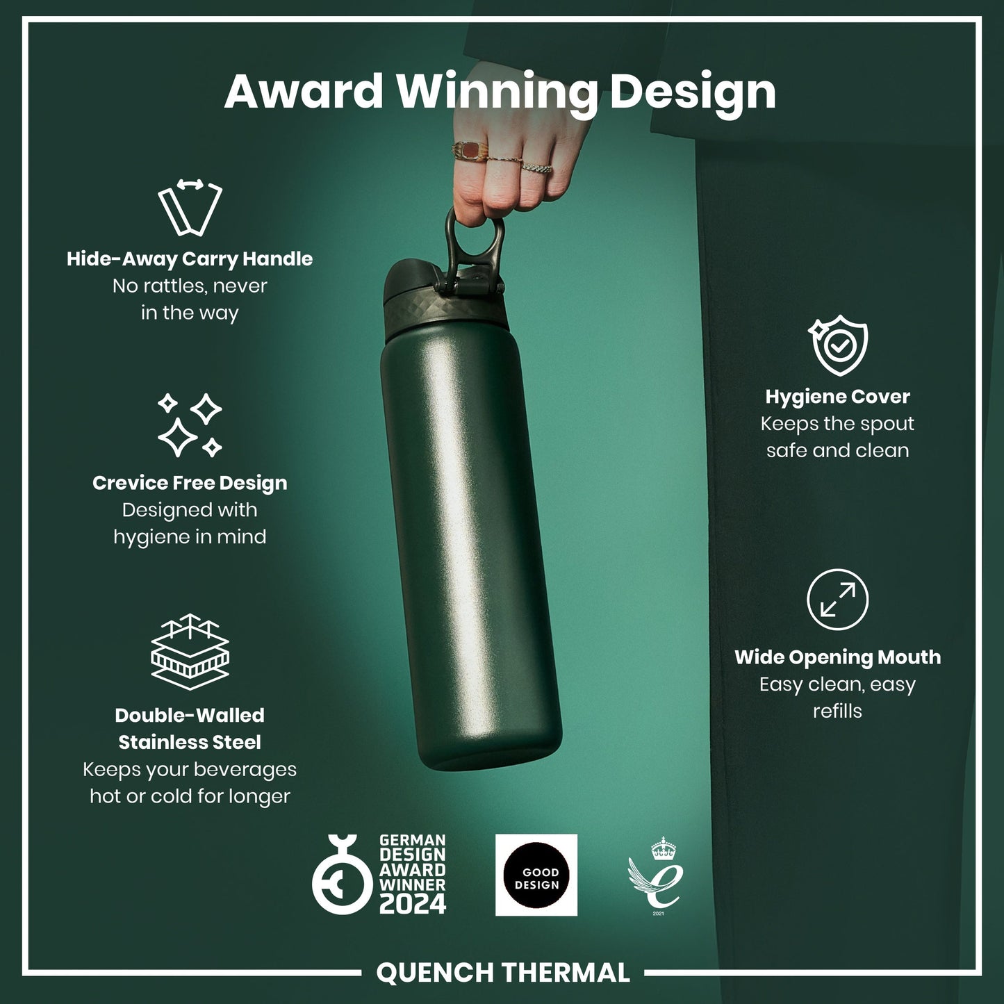 Green water bottle with features listed on a green background
