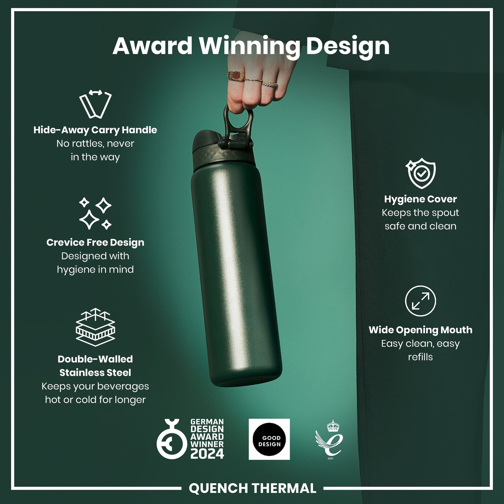 Green water bottle with features listed on a green background