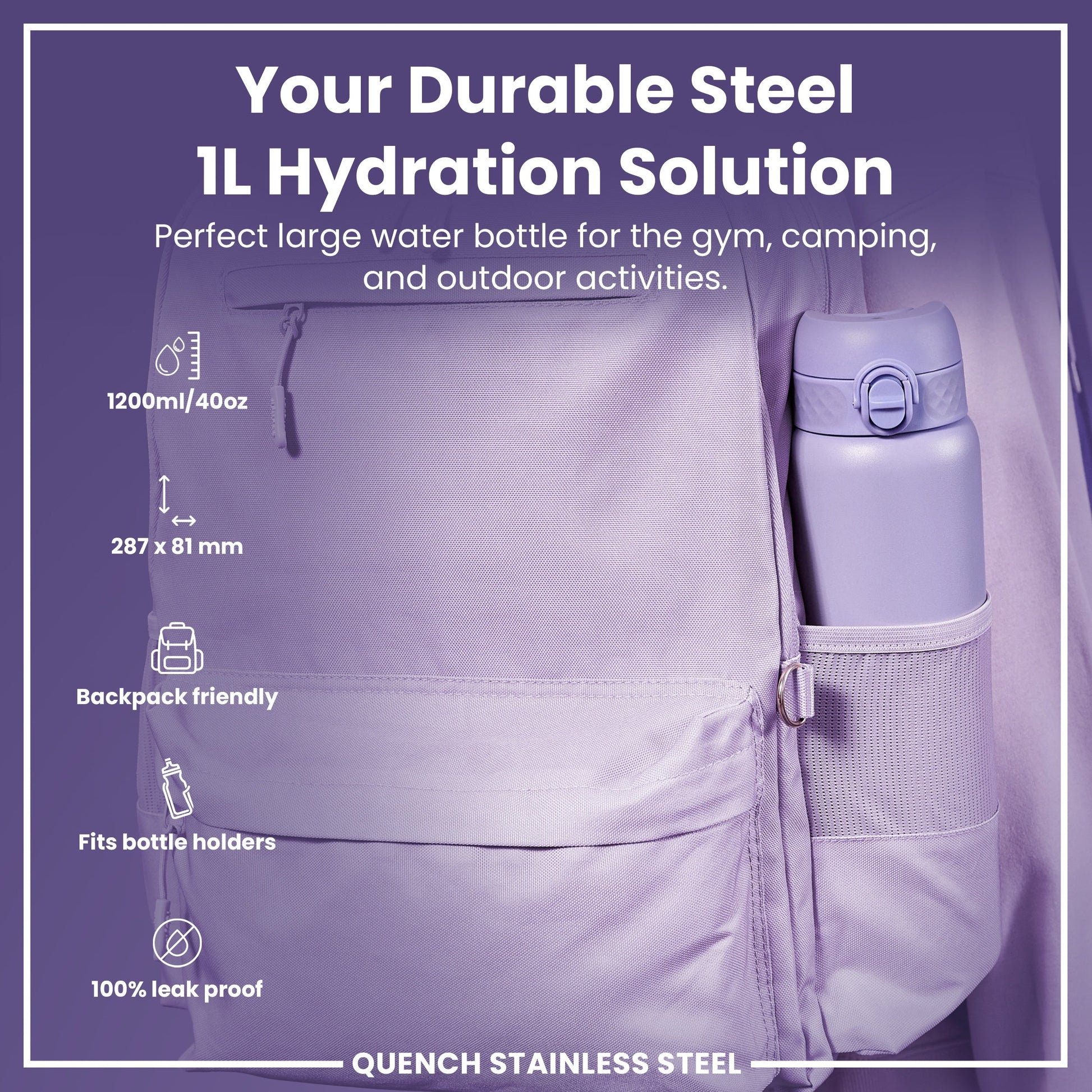 Purple hydration bottle in a backpack with product features listed on a purple background