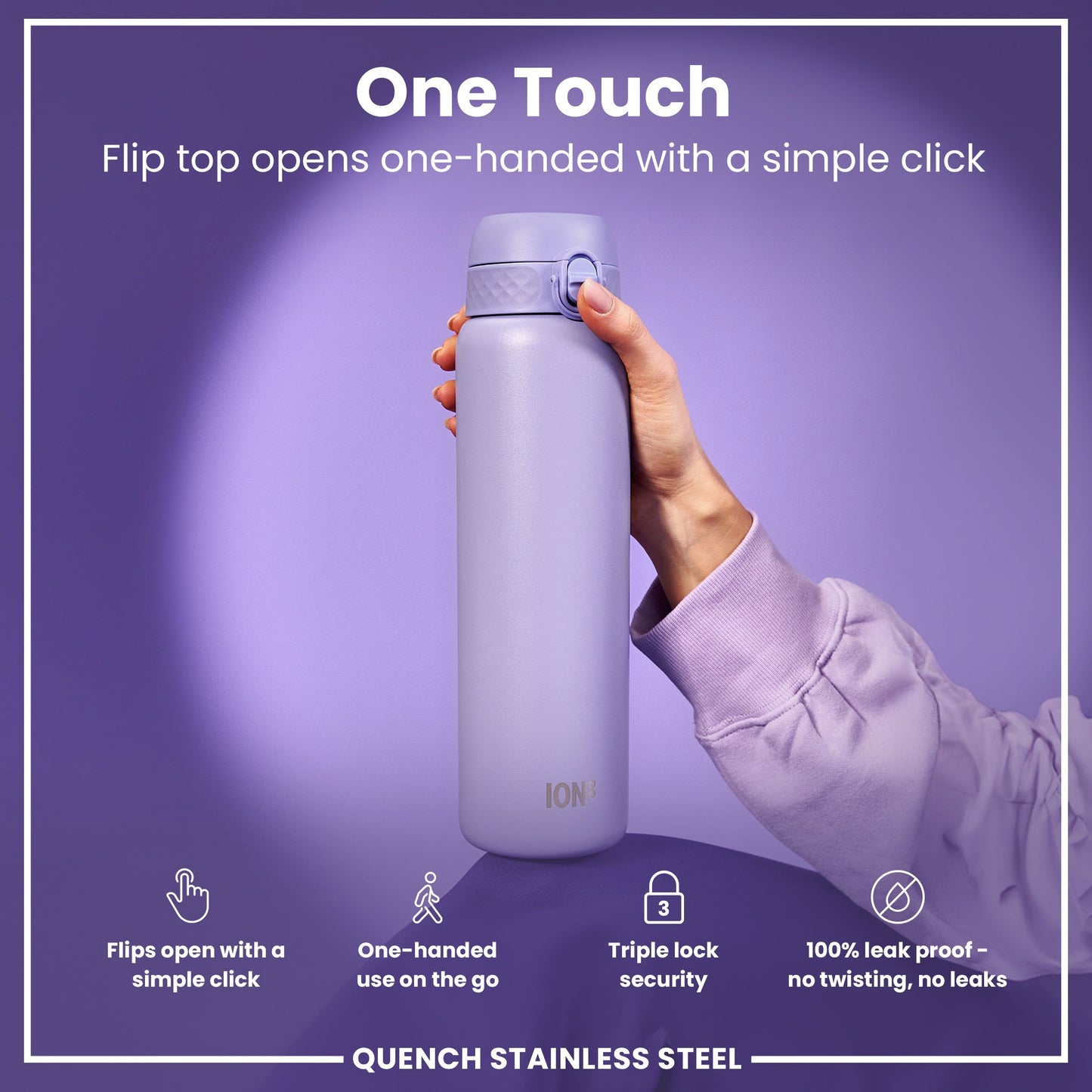 Purple stainless steel water bottle held by a hand with promotional text on a purple background
