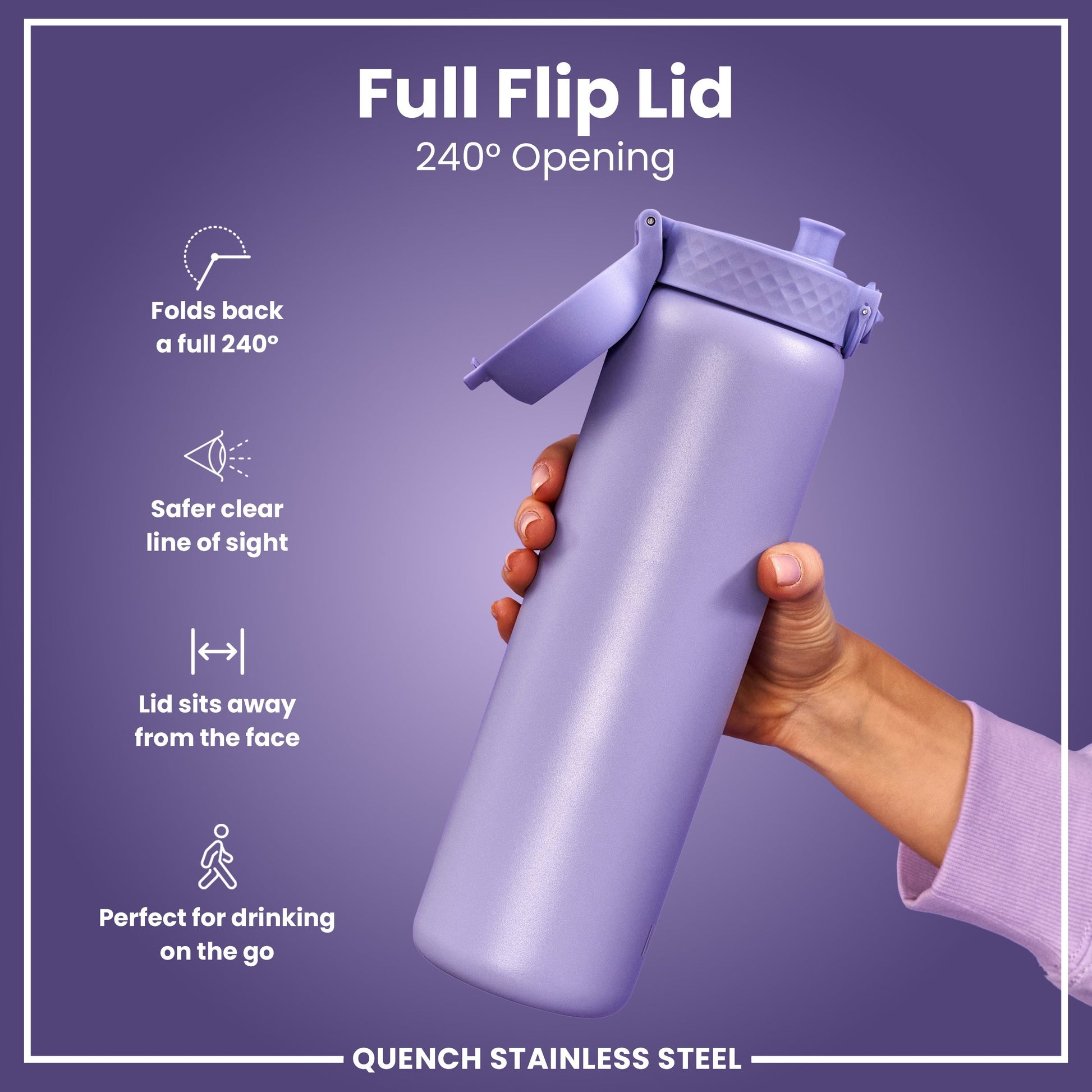 Purple stainless steel water bottle with a full flip lid on a purple background
