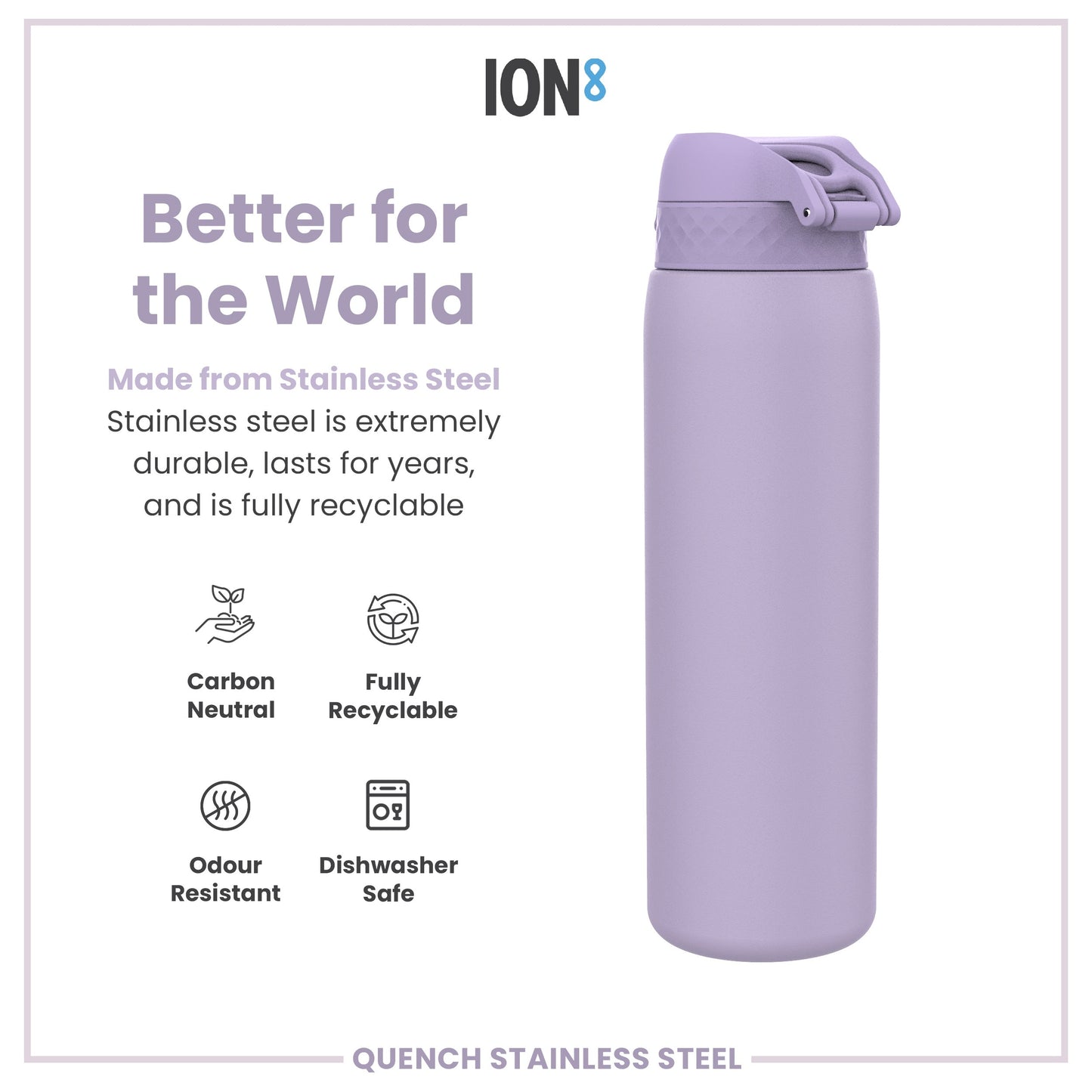 Purple stainless steel water bottle with 'ION8' branding and sustainability features listed.