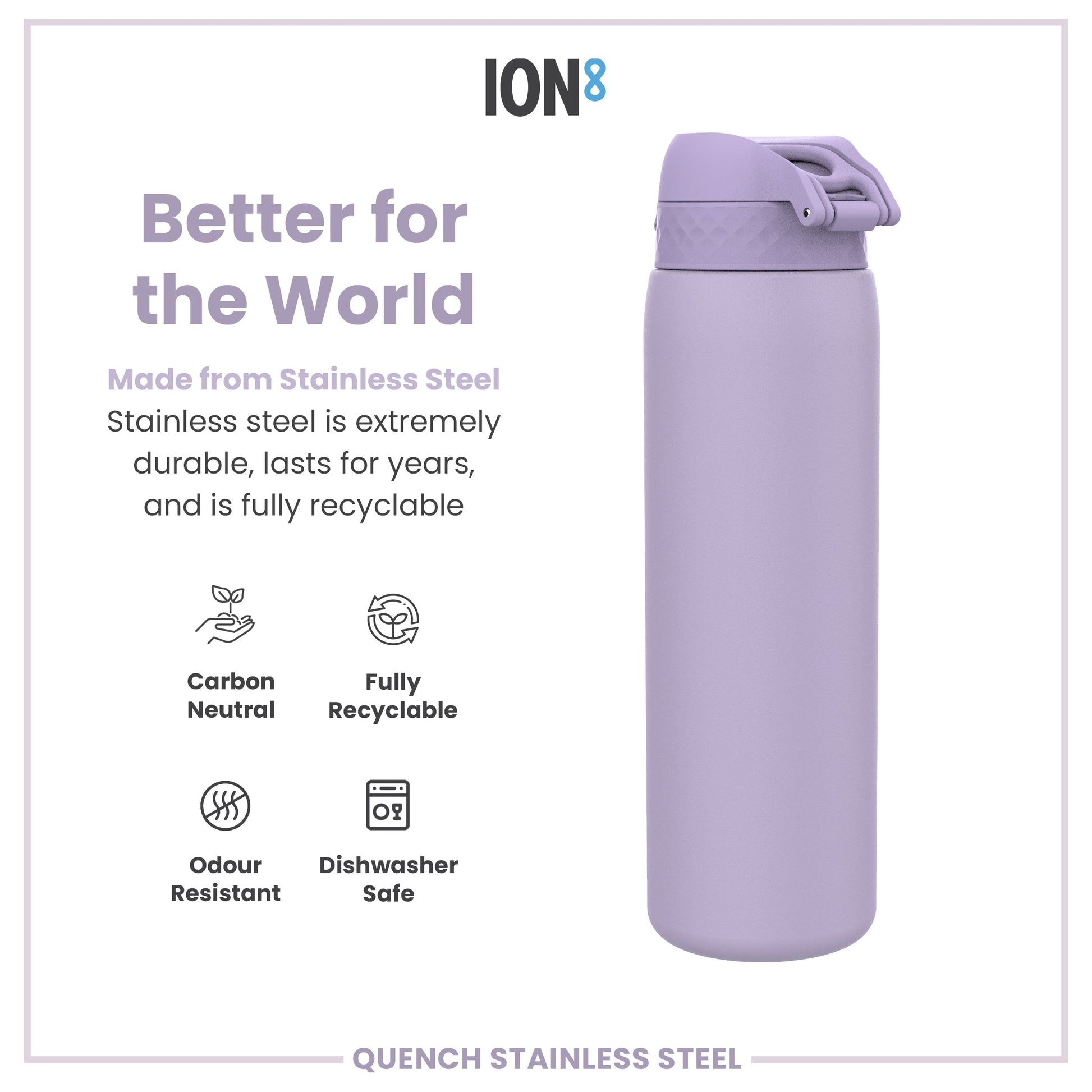 Purple stainless steel water bottle with 'ION8' branding and sustainability features listed.