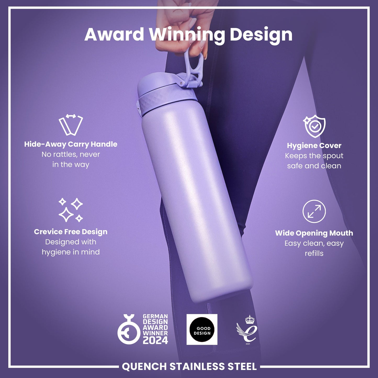 Purple stainless steel water bottle with features listed on a purple background