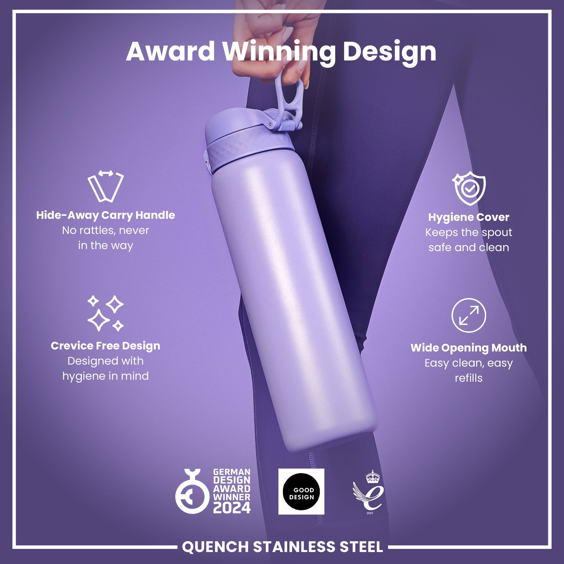 Purple stainless steel water bottle with features listed on a purple background