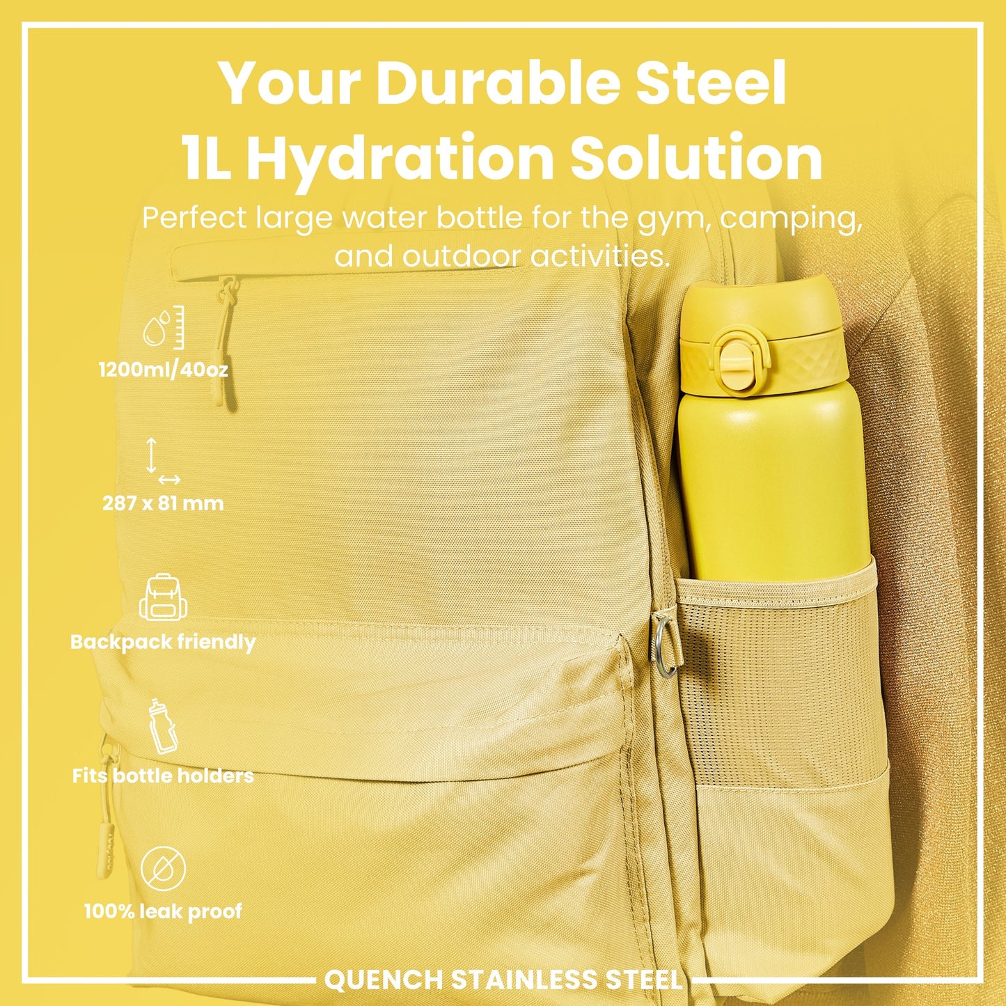 Yellow hydration bottle in a backpack pocket with product details on a yellow background