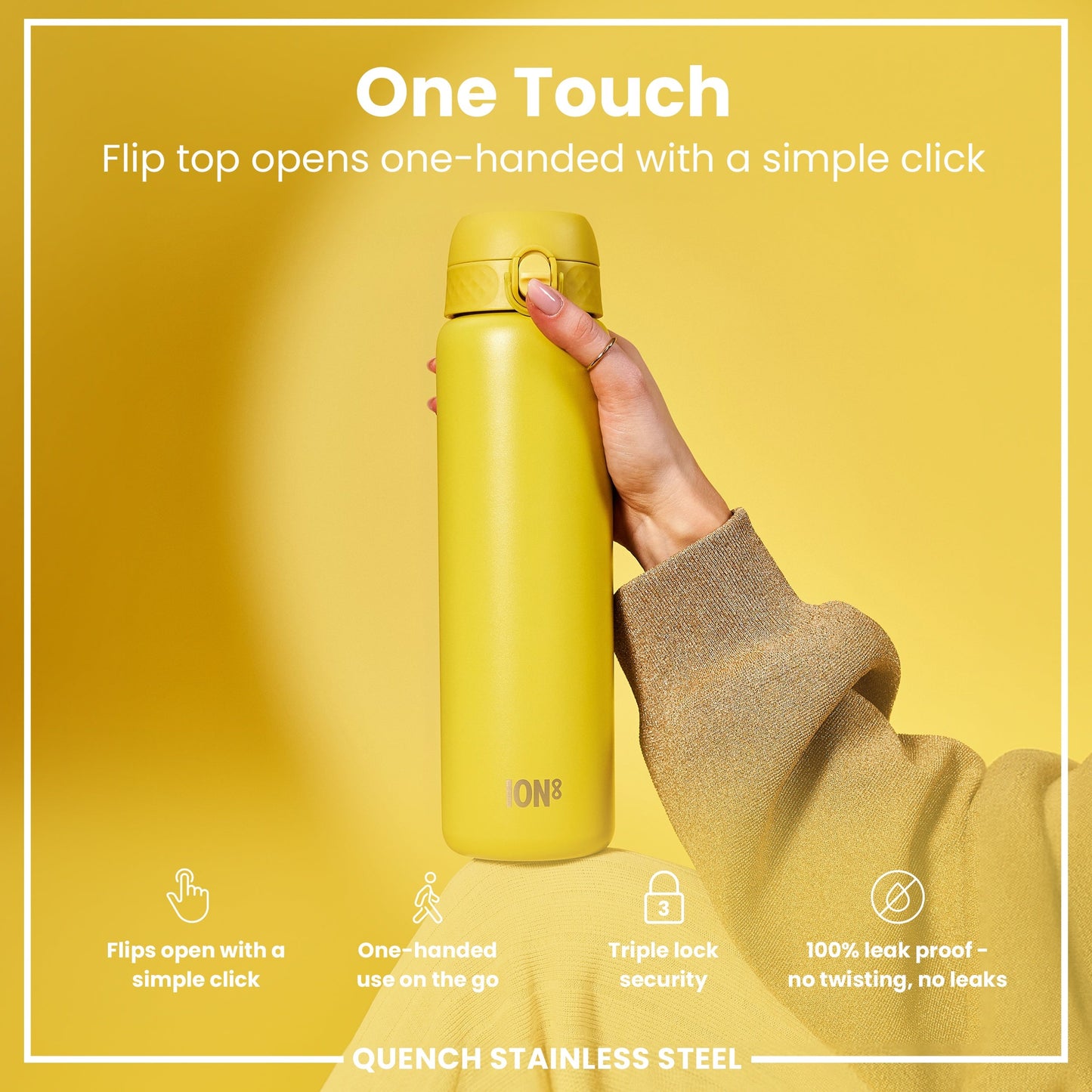 Yellow stainless steel water bottle with hand holding it on a yellow background