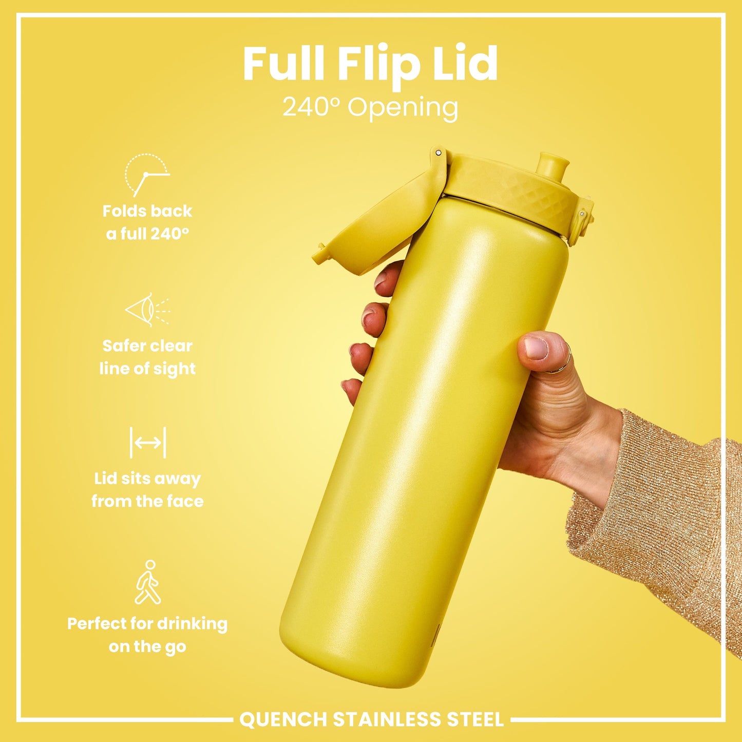 Yellow water bottle with flip lid held by a hand on a yellow background