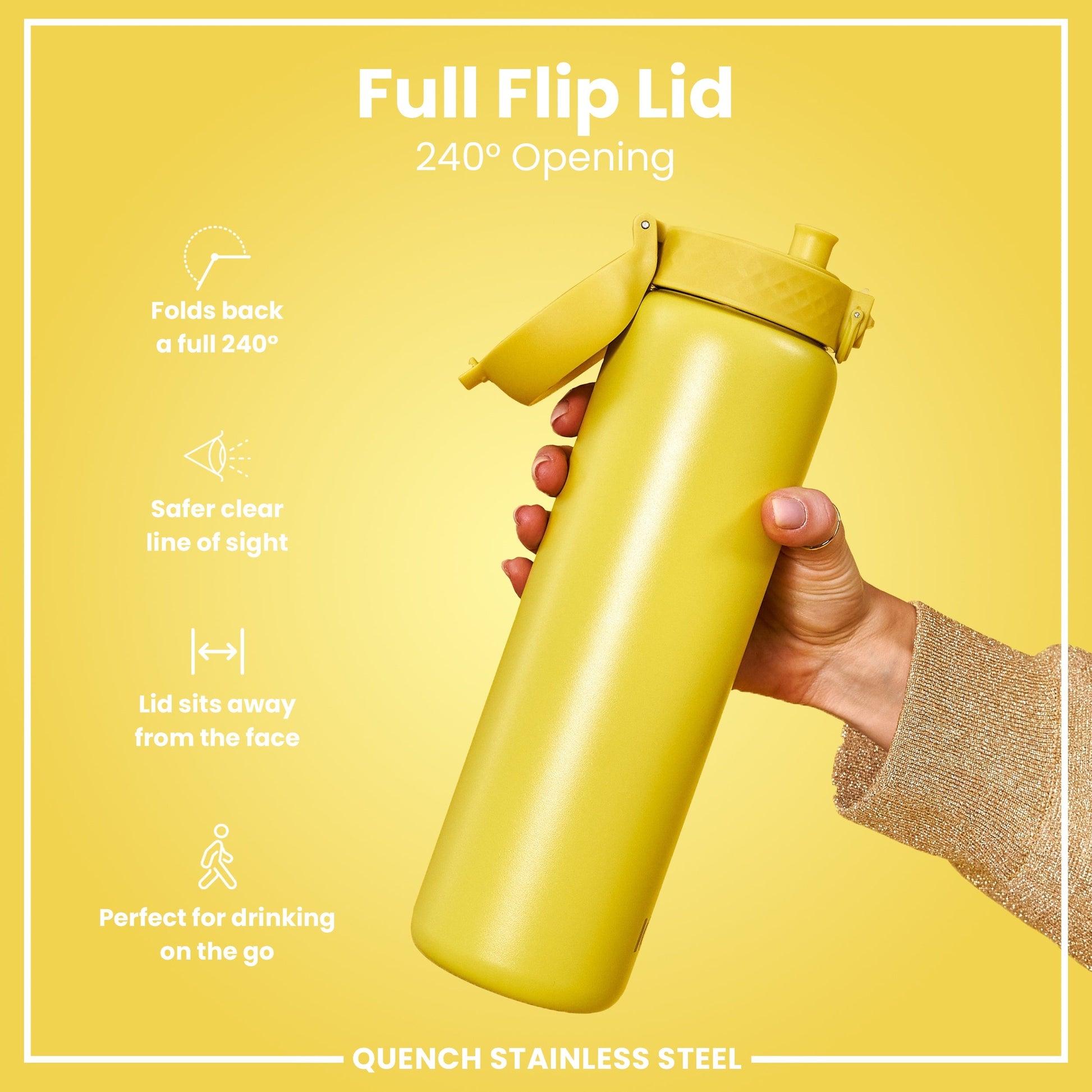 Yellow water bottle with flip lid held by a hand on a yellow background