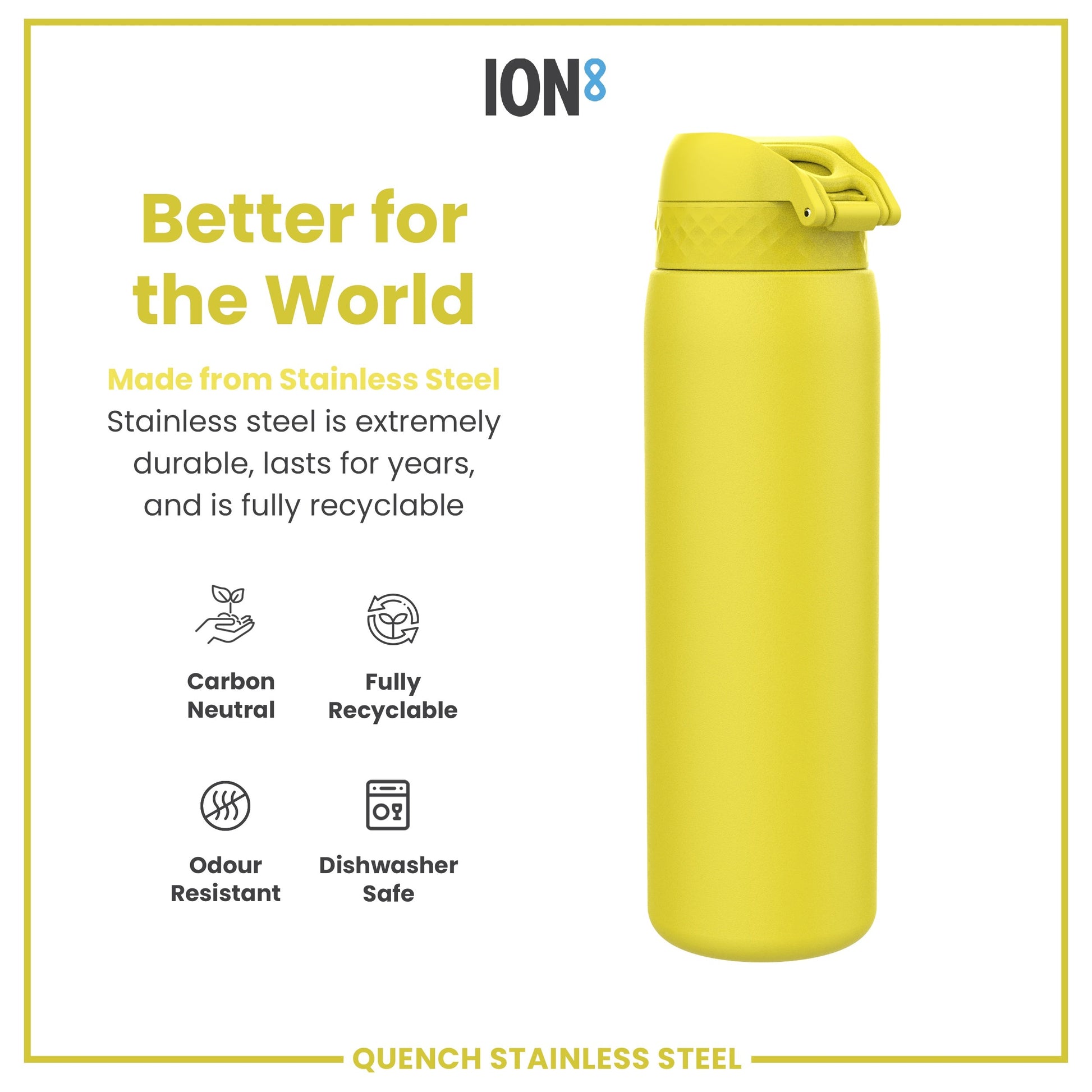 Yellow water bottle with 'ION8' branding and sustainability features on a white background