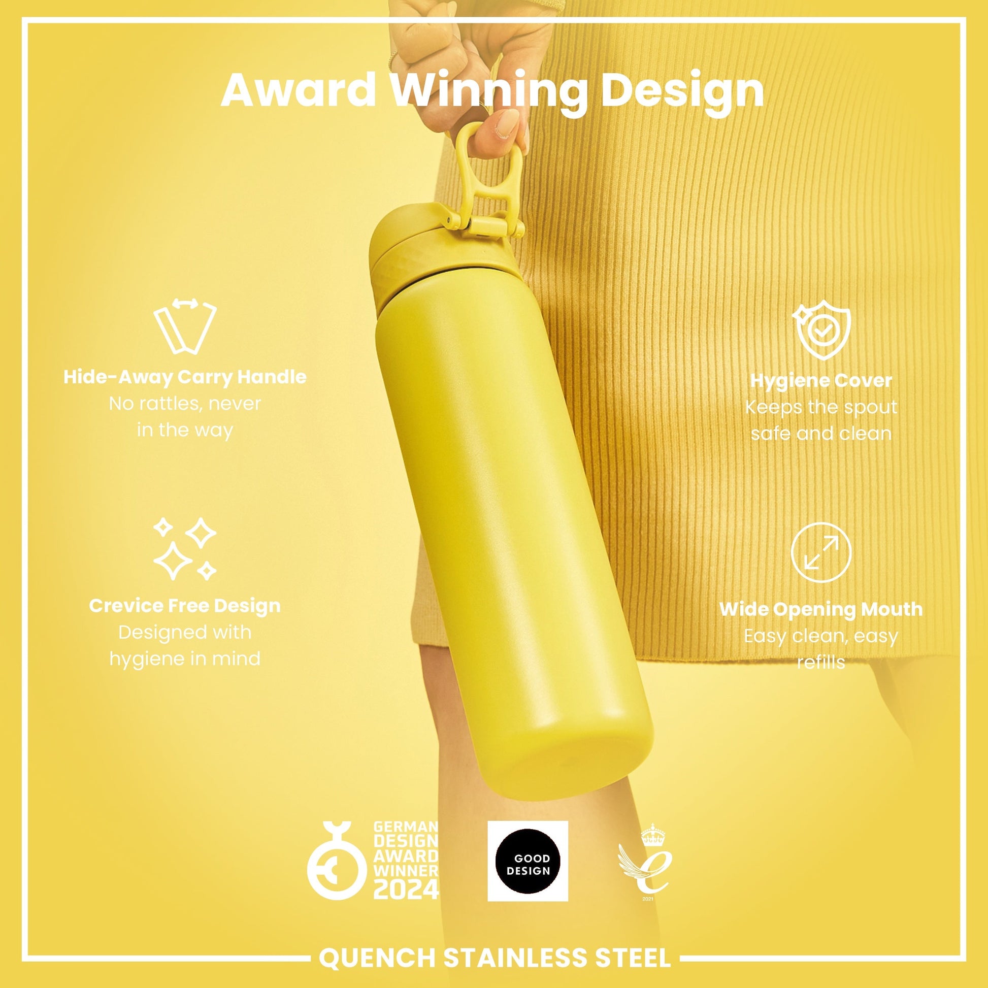 Yellow water bottle with features highlighted on a yellow background