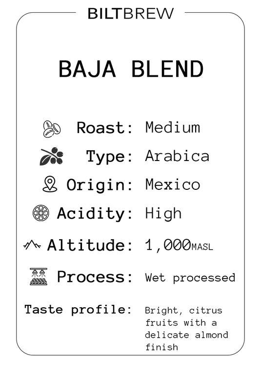 Biltbrew Baja Blend coffee label with roast, type, origin, acidity, altitude, process, and taste profile details.