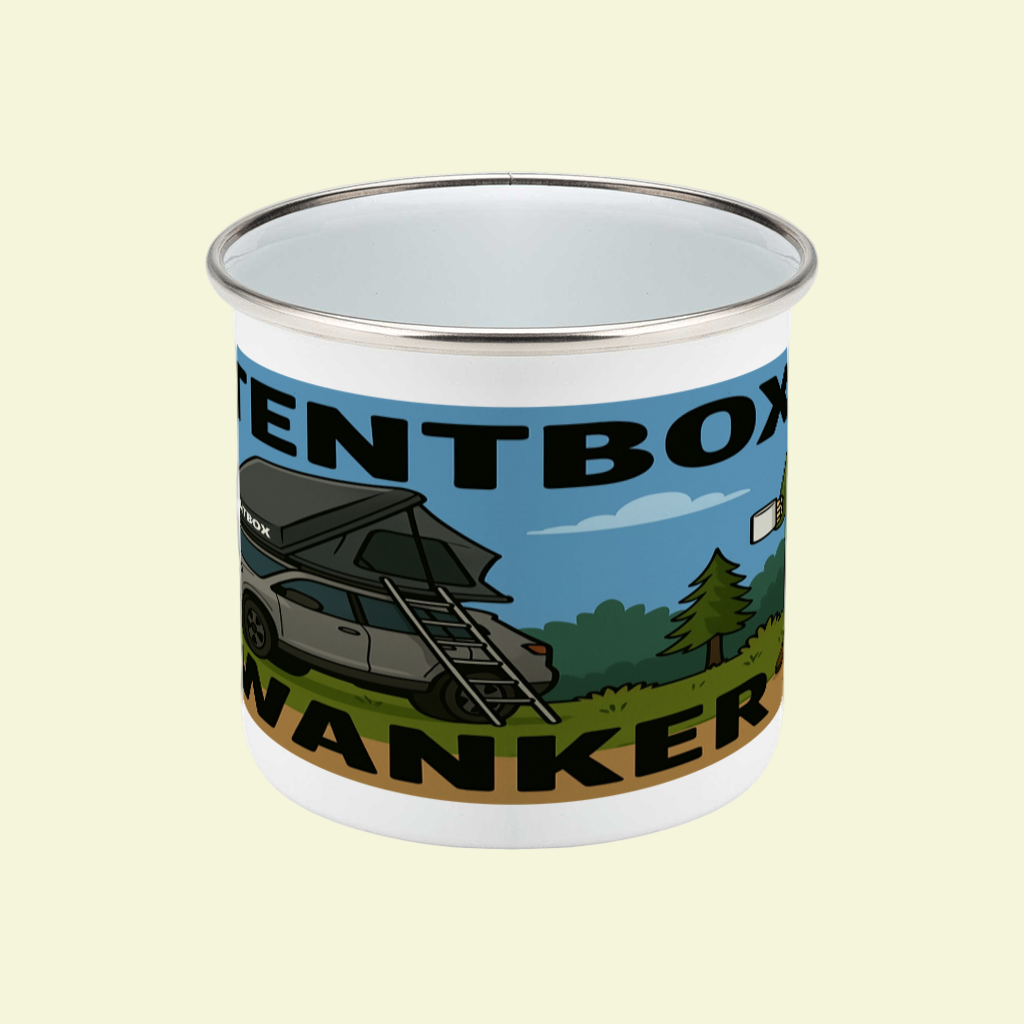 Enamel mug with a graphic of a van and text 'Tentbox Wanker' on a white background