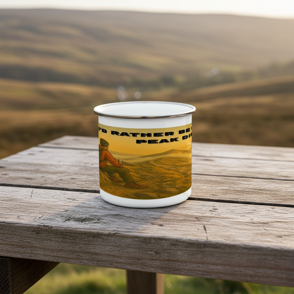 White enamel camping mug with yellow Peak District hiking design and black text on wooden table.
