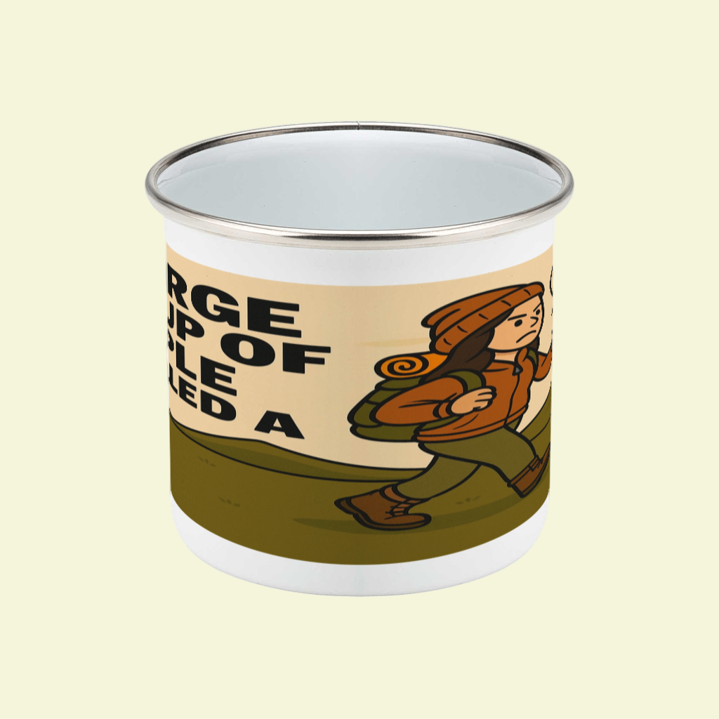 Enamel mug with a design of a person hiking and text on a beige background