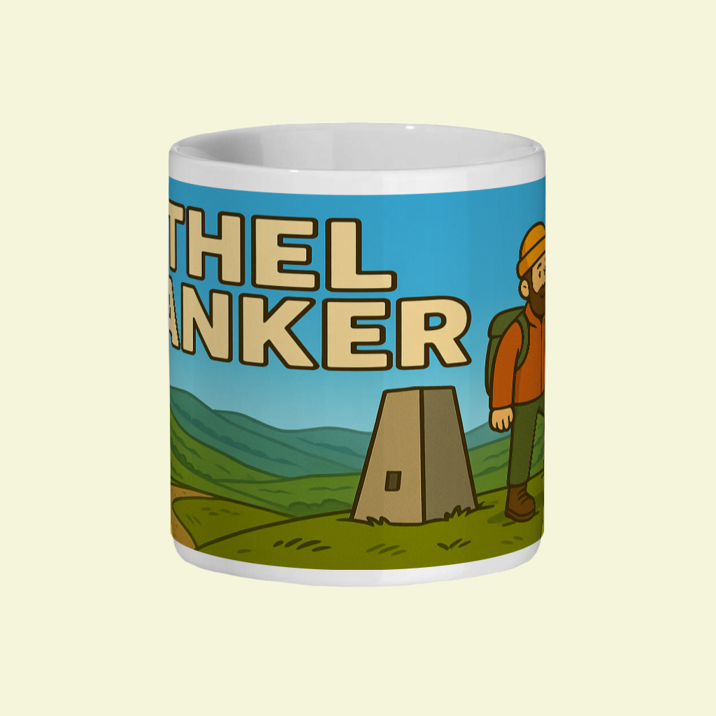 Mug with 'The Hiker' design featuring a cartoon character and landscape on a blue background.