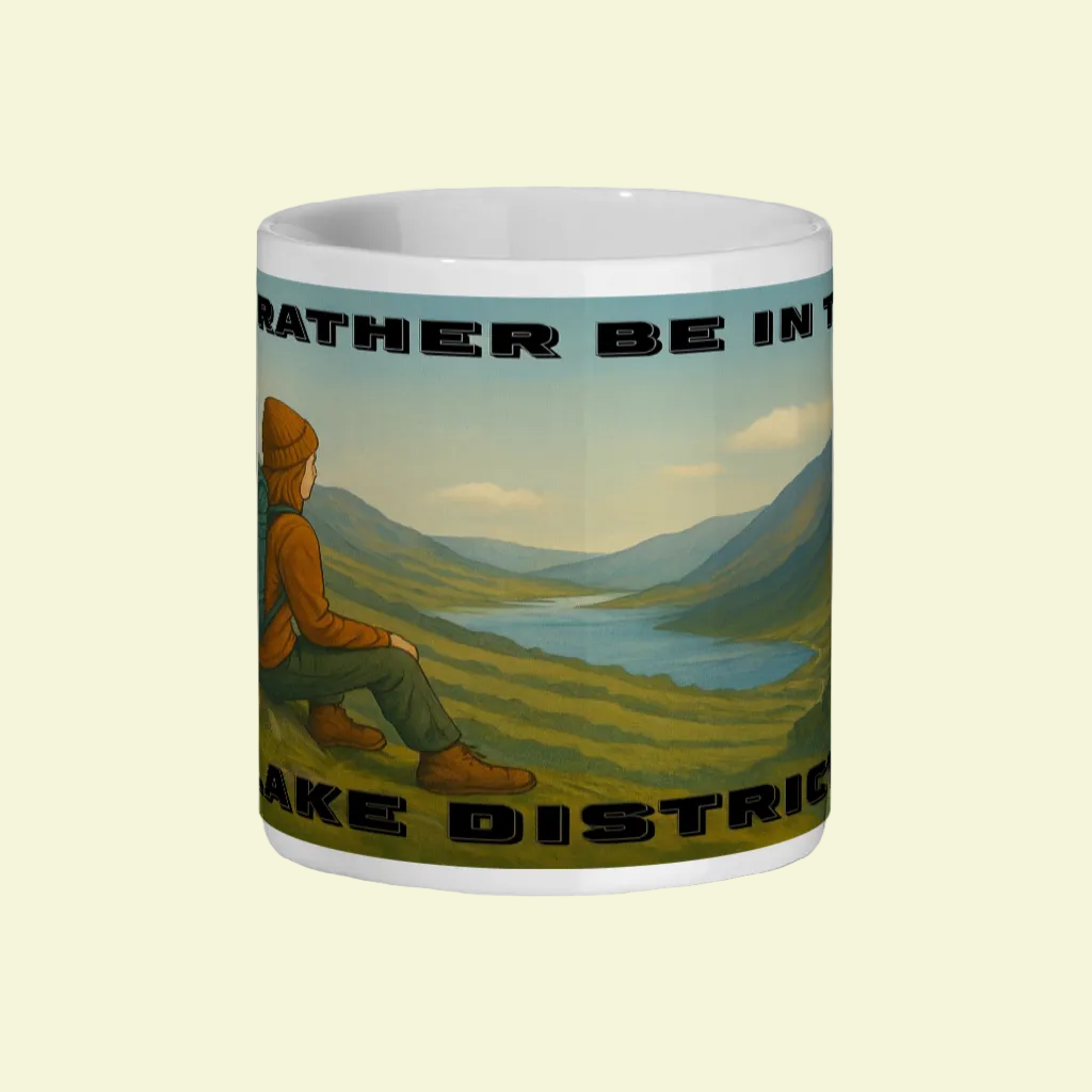 White ceramic mug with illustration of a woman hiking in a green valley and text "I'd Rather Be in the Lake District".