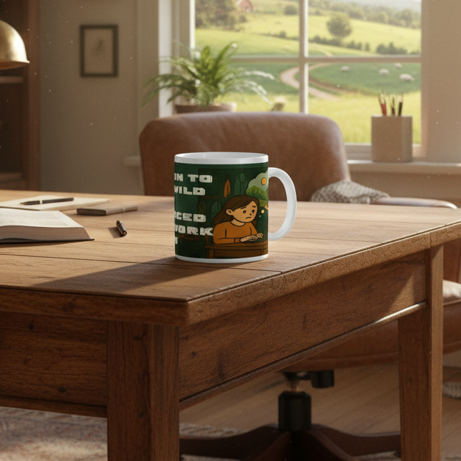 Mug with a design on a wooden table in a room with a window view of greenery