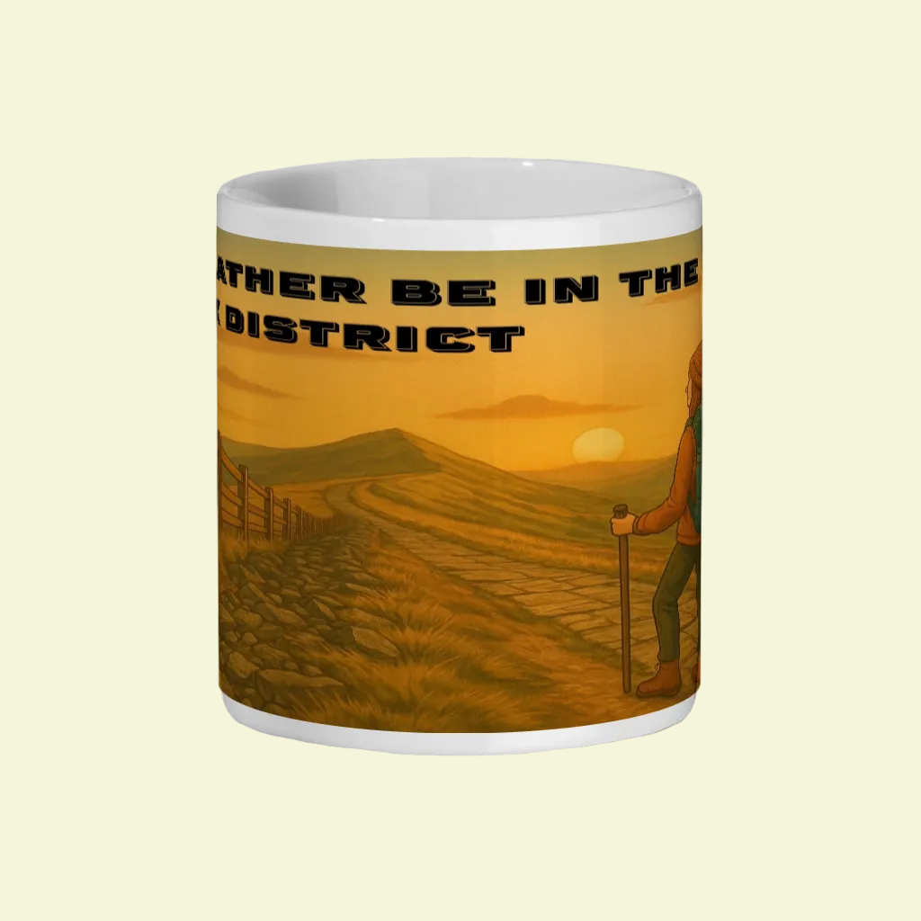 White ceramic mug with sunset hiking scene and text saying "I'd Rather Be in the Peak District".