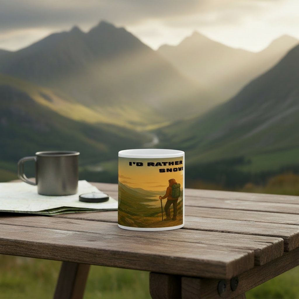 White ceramic mug with hiker and text "I'd Rather Be in Snowdonia" on wooden table outdoors.