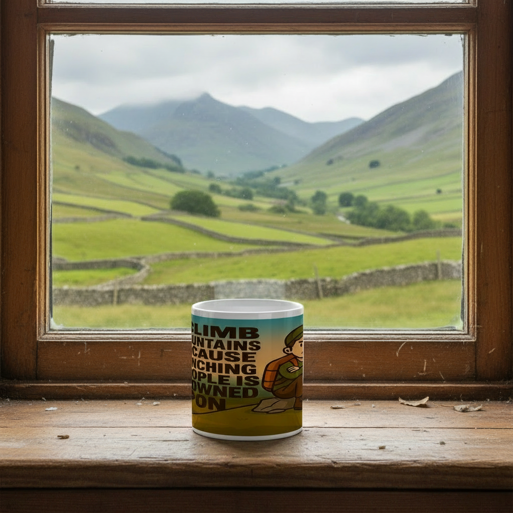 Ceramic Mug 11oz – I Climb Mountains Because Punching People Is Frowned Upon for Him | Funny Hiking Gift