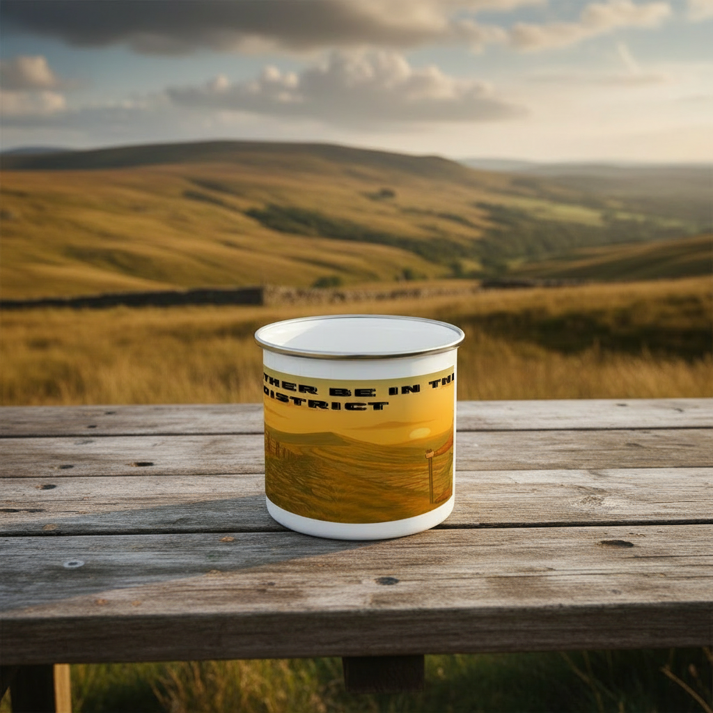 White enamel mug with black rim and "I'd Rather Be in the Peak District" text over a scenic landscape wraparound design.
