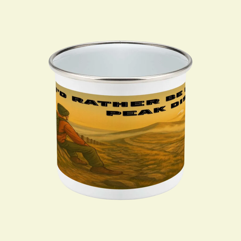 White enamel camping mug with silver rim and Peak District scenic design.