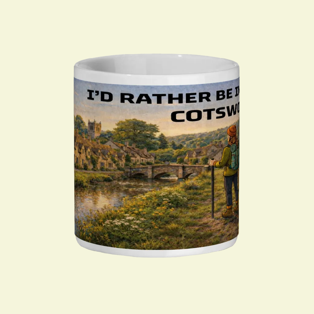 Mug with a scenic design of a village and text 'I'd Rather Be In The Cotswolds' on a white background.