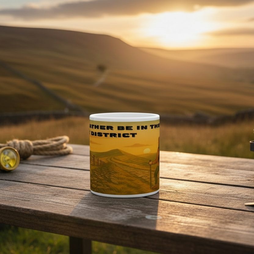 White ceramic mug with "I'd Rather Be in the Peak District" text and hiking graphic on wooden table outdoors at sunset.