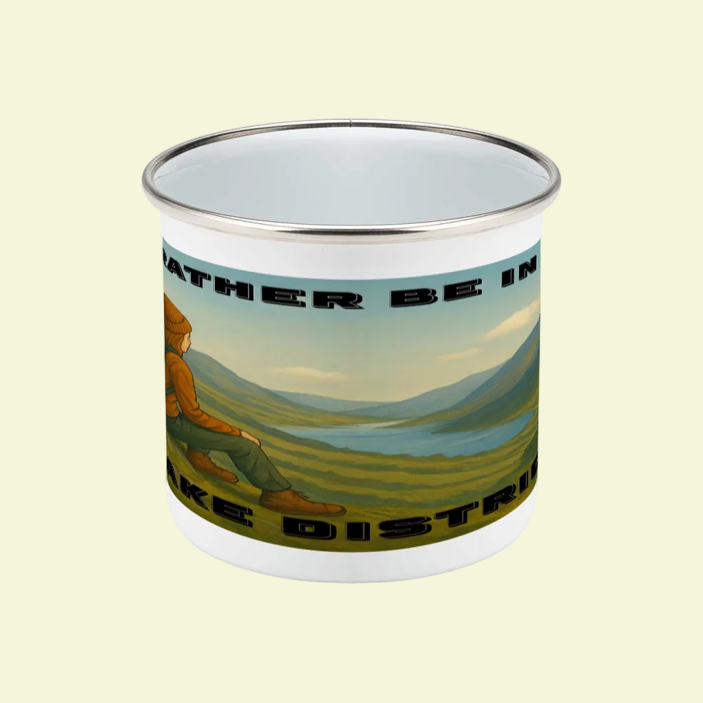 White enamel camping mug with silver rim featuring a vintage-style Lake District landscape and text.