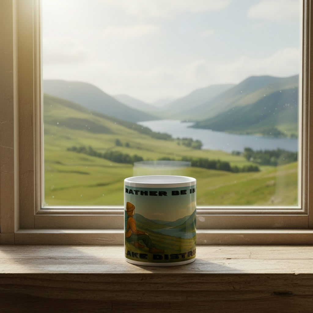 White ceramic mug with Lake District landscape and "I'd Rather Be" text on wooden windowsill.