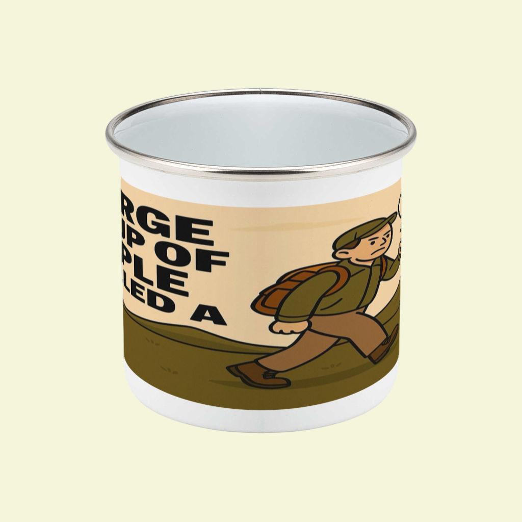 Enamel mug with a design of a person hiking and text on a beige background