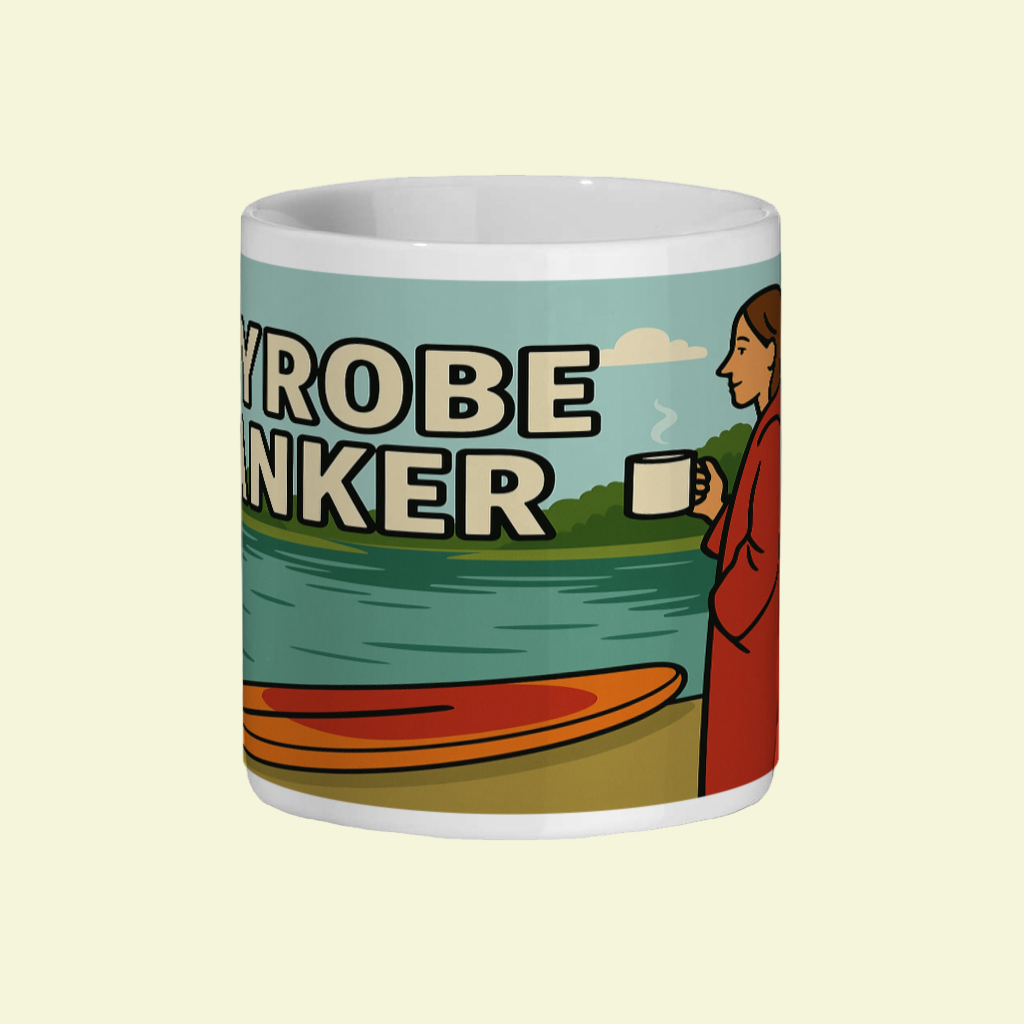 Mug with a design of a person by a lake holding a mug, with text 'DRYROBE WANKER' on a white background.