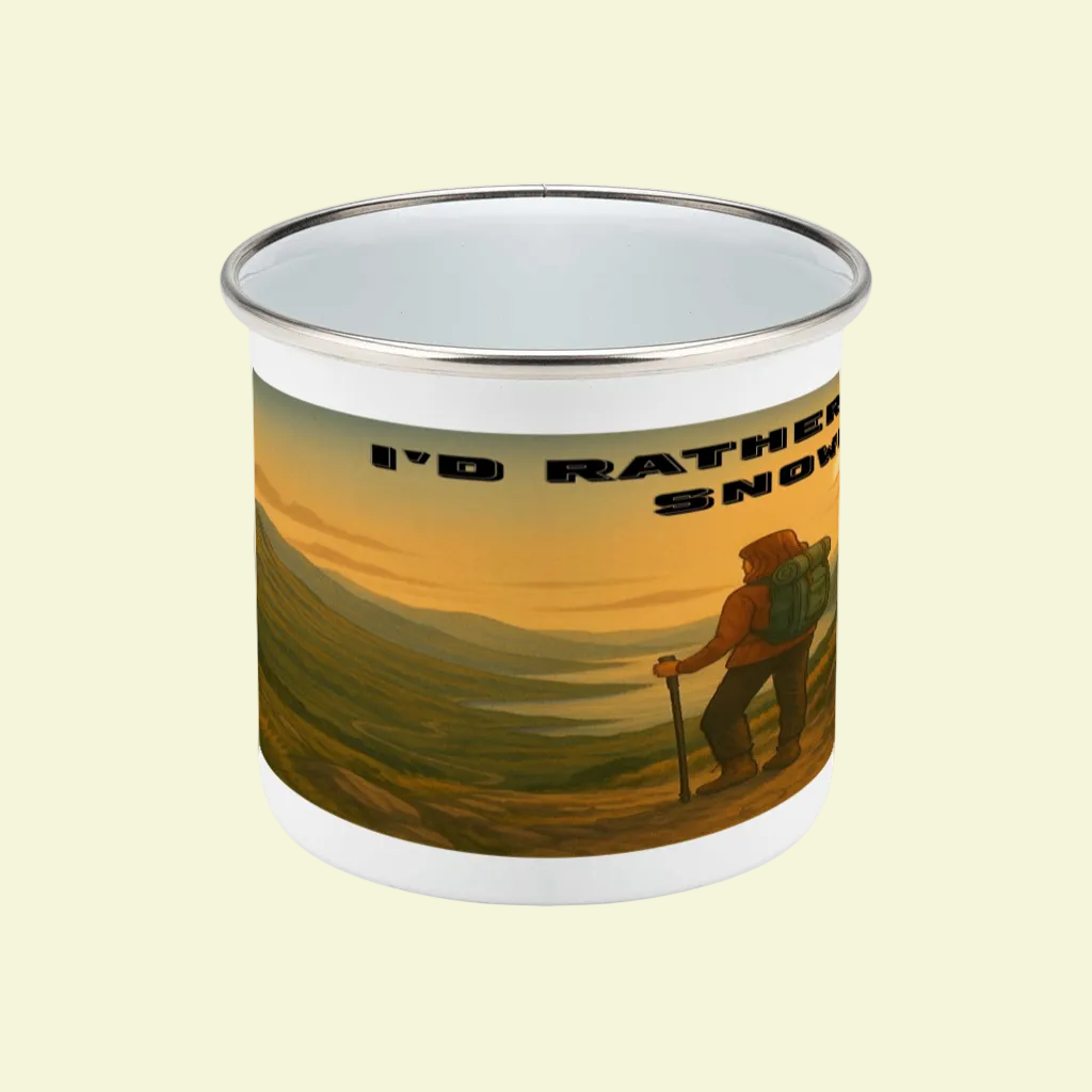 White enamel camping mug with silver rim featuring hiker and "I'd Rather Be in Snowdonia" text and sunset landscape.