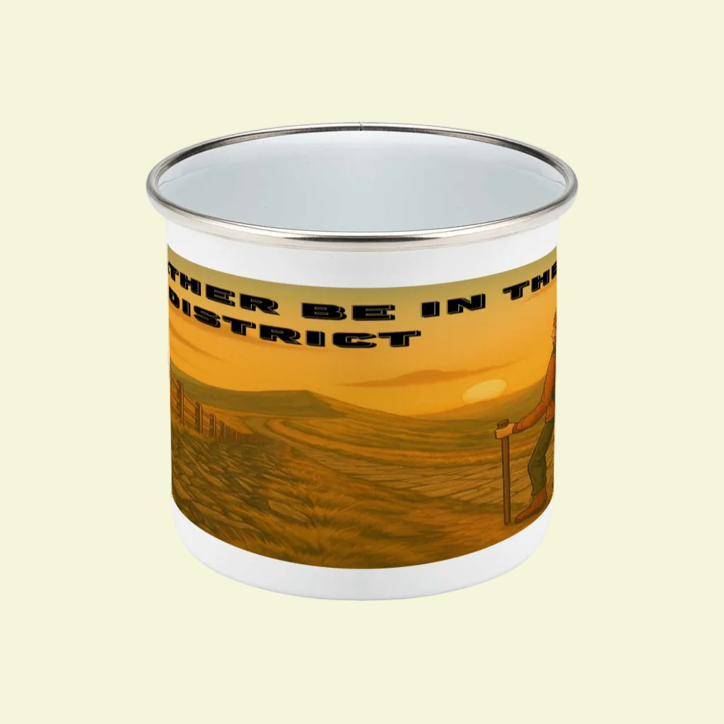 White enamel camping mug with orange Peak District sunset landscape and black text design.